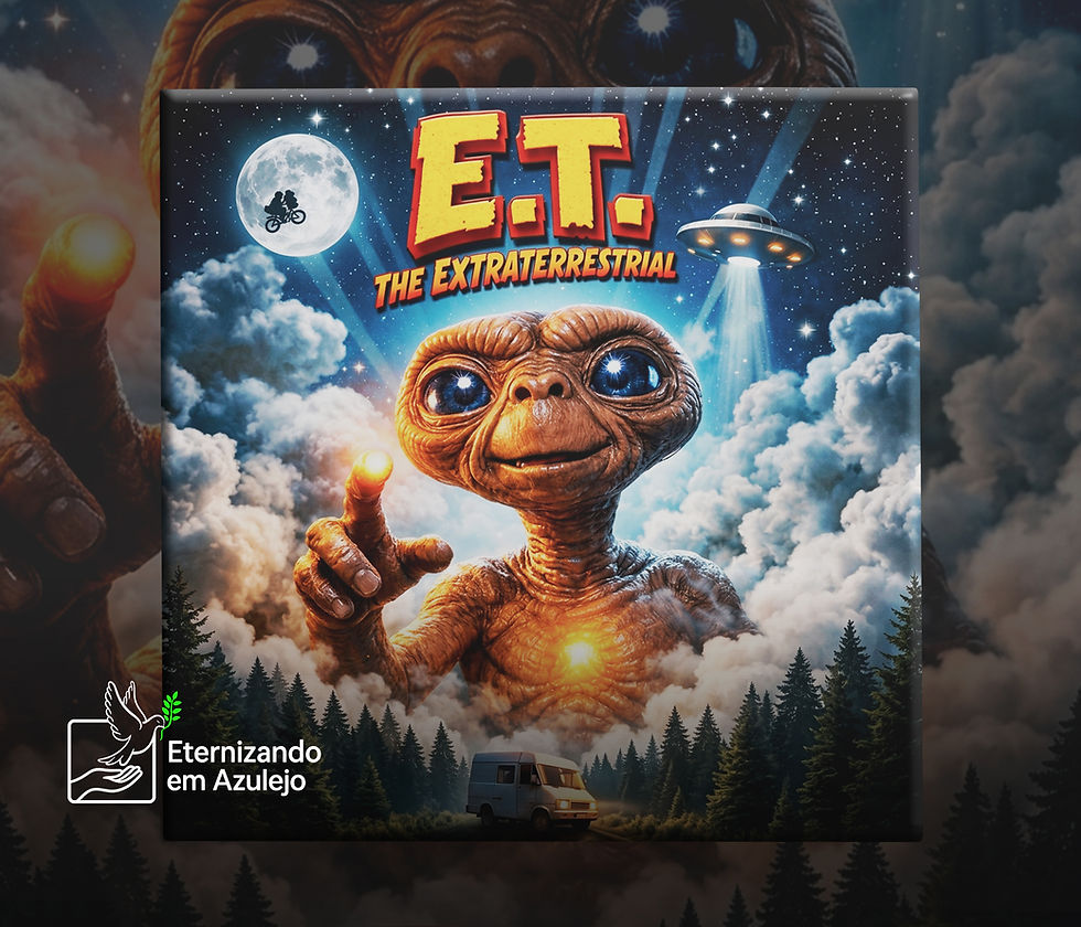 Azulejo personalizado com foto do filme E.T. O Extraterrestre, destacando a silhueta da bicicleta contra a lua cheia em cerâmica vitrificada de alta definição.