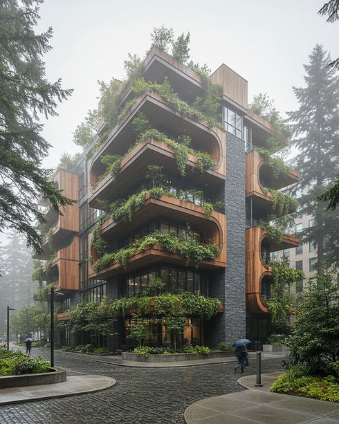I want to create an image of a beautiful biophilic building in an urban setting similar to