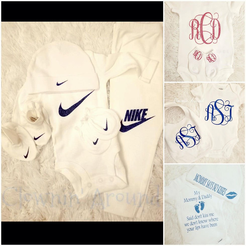 Custom booties, mittens, hat, bib