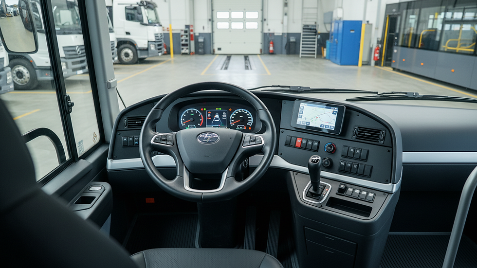 Close-up view of a commercial bus dashboard and steering wheel