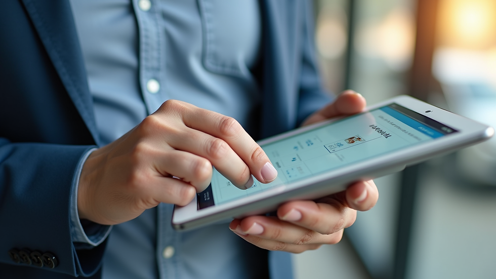 Close-up view of a dealer reviewing a van financing application on a tablet