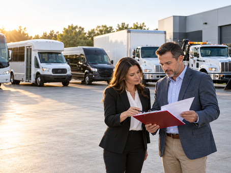 Business owners reviewing commercial equipment financing documents beside work vehicles