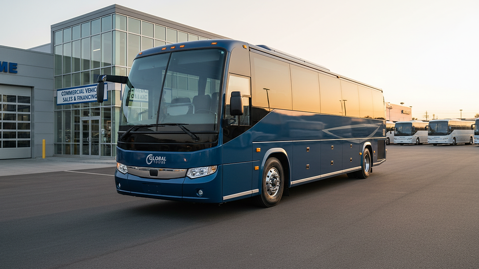 Eye-level view of a new charter bus parked at a dealership lot