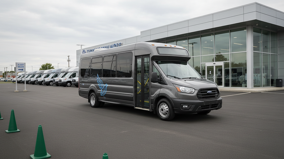 Eye-level view of a commercial bus parked at a dealership lot