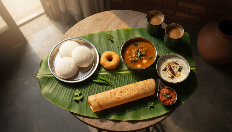 Overhead view of idli, vada, dosa and chutneys on banana leaves