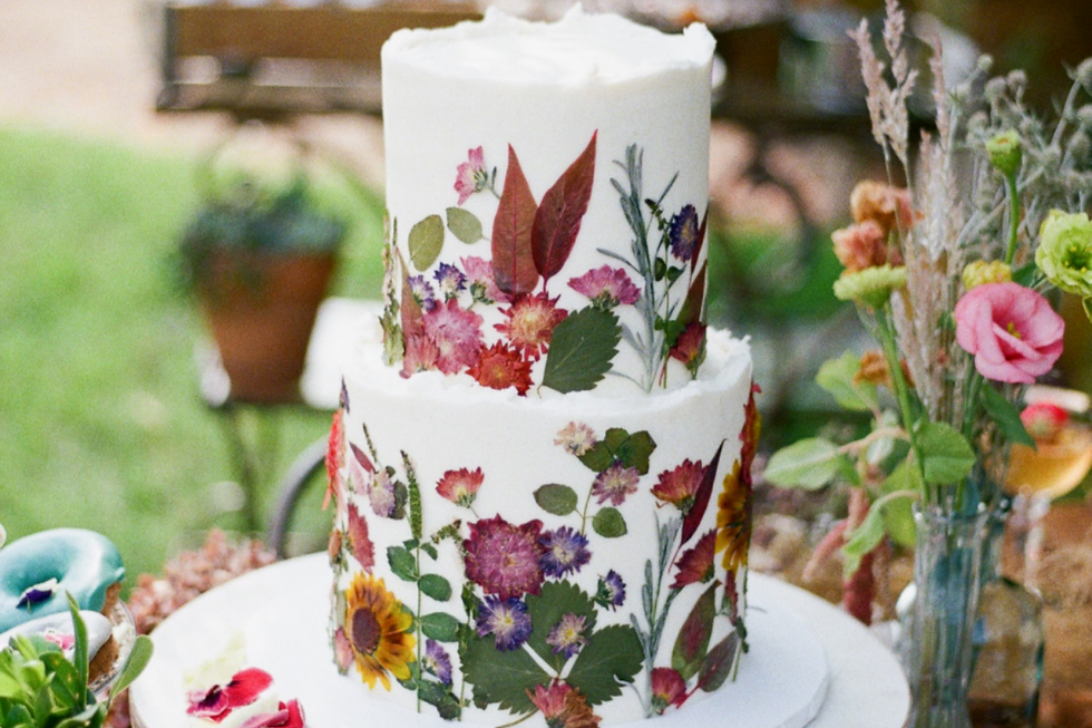 pressed edible flower wedding cake