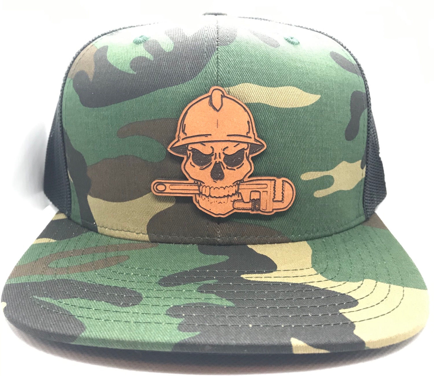 FLATBILL SNAPBACK TRUCKER CENTERED TAN LEATHER LOGO (3 OPTIONS)