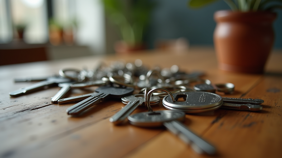 Close-up view of a collection of unique keychains on a wooden table