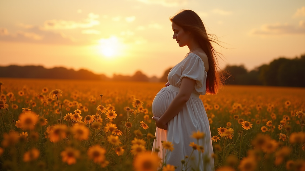 Eye-level view of a pregnant woman standing in a wildflower field at sunset