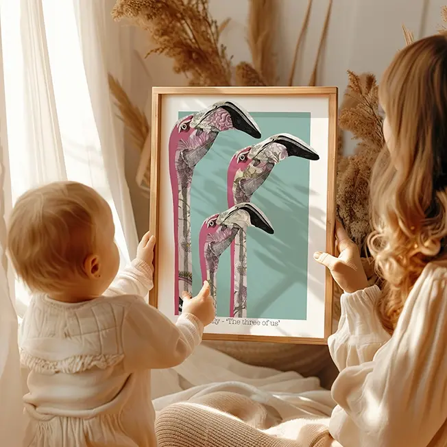 Family of Three Flamingo Collage Art