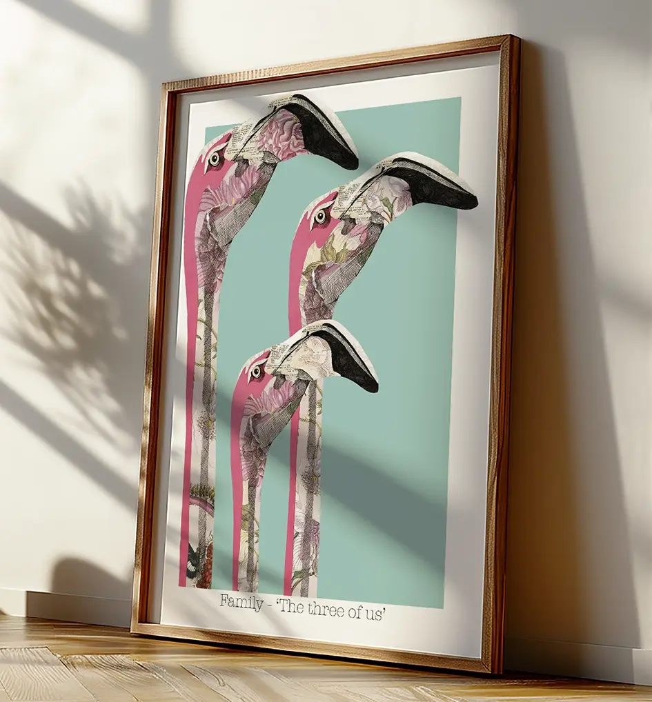 Thumbnail: Family of Three Flamingo Collage Art