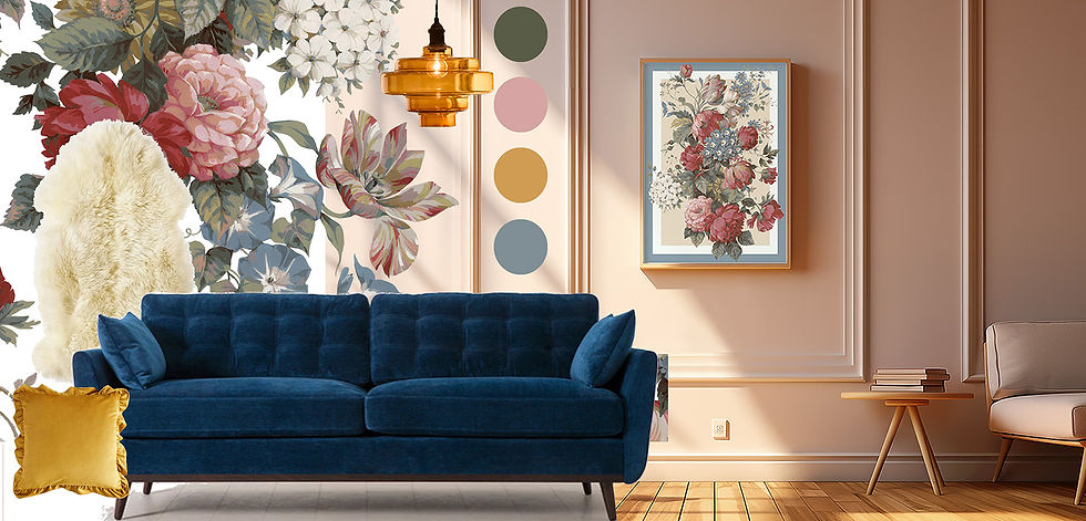 Mood board showing how to style Wilson Design Collective 'Fleur' art print with a modern blue velvet sofa, mustard cushions, accent lamps, white sheepskin rug, and pale pink walls.