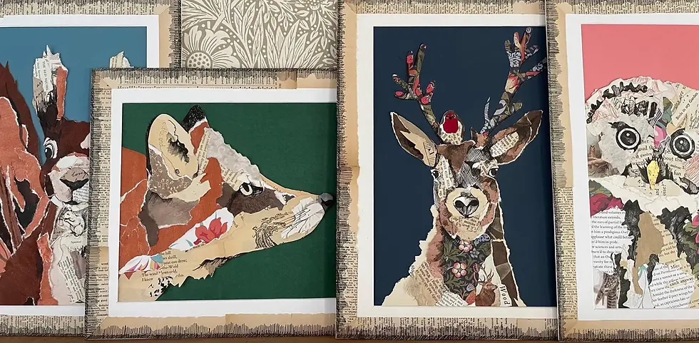 Original collage artworks featuring woodland animal characters, handcrafted from papers by Wilson Design Collective mounted artworks.