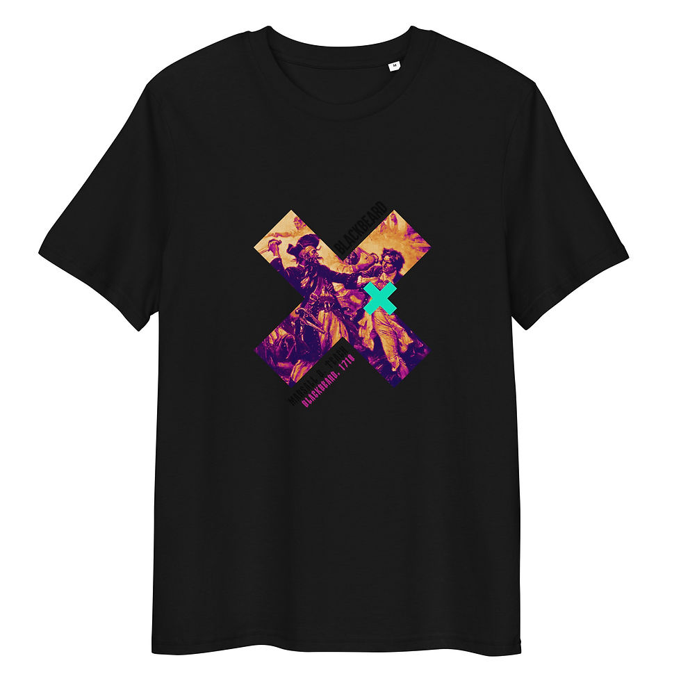 Black t-shirt with a colorful X design, Losange calligraphy FXM and Feddo.