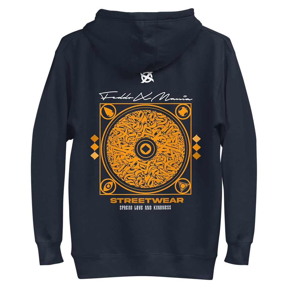 Navy hoodie displaying "Freddo De Maestro" and "Streetwear" design and Feddo.