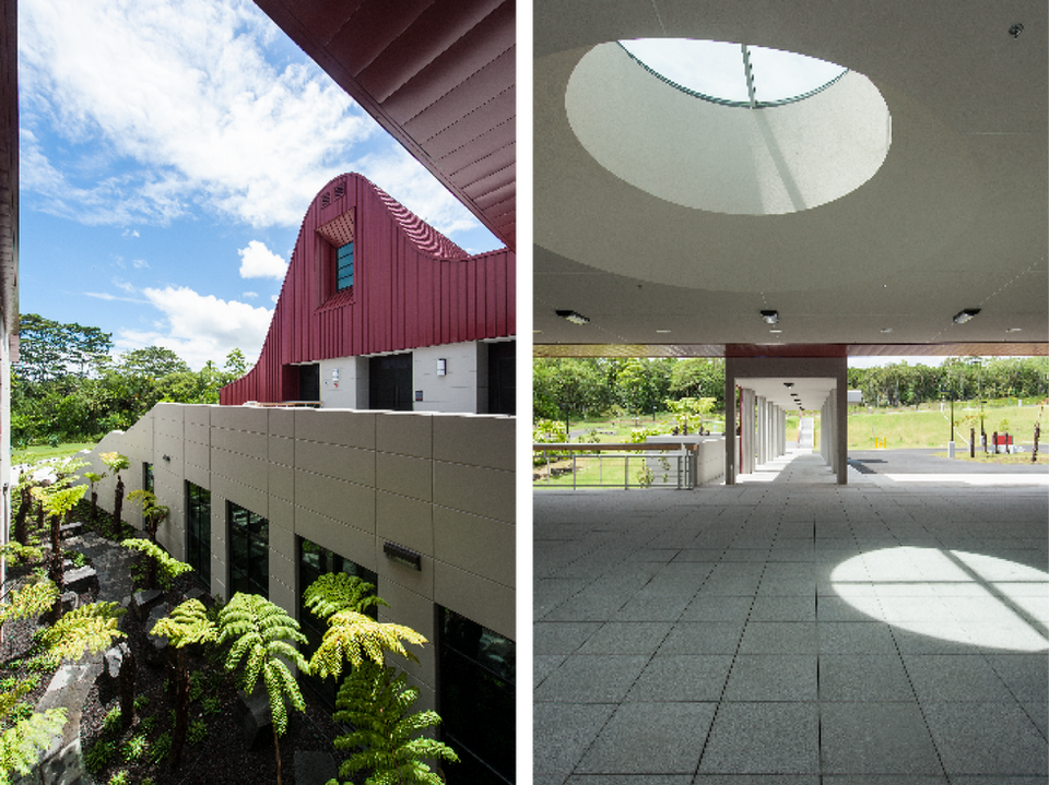 A split image showing a red barn-style school building surrounded by tropical ferns and lush greenery alongside a bright open-air covered walkway with a circular skylight.