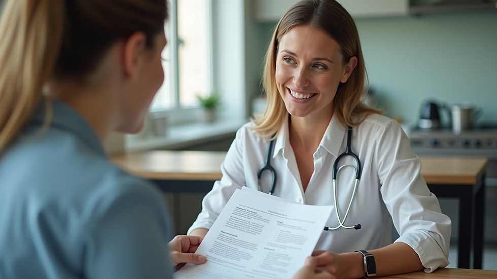 Eye-level view of a nutritionist discussing a meal plan with a client