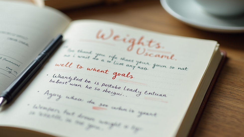 Close-up view of a journal with weight loss goals and motivational notes