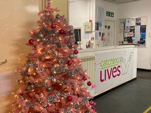 a pink Christmas tree by a day centre reception desk with the Catching Lives logo