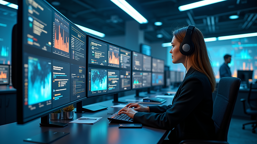 High angle view of a futuristic digital marketing control room with multiple screens