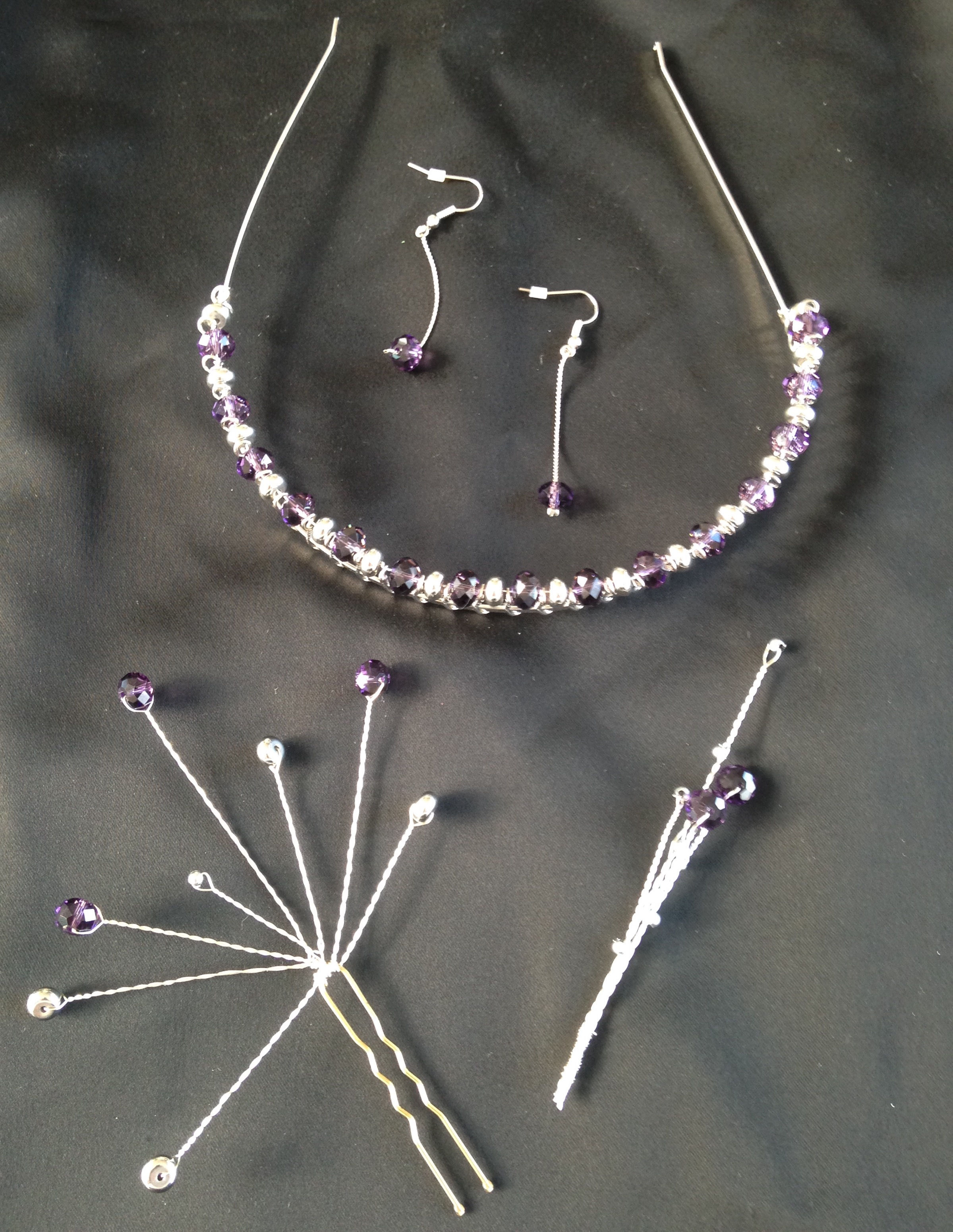 Purple rondelle and silver spacer tiara set