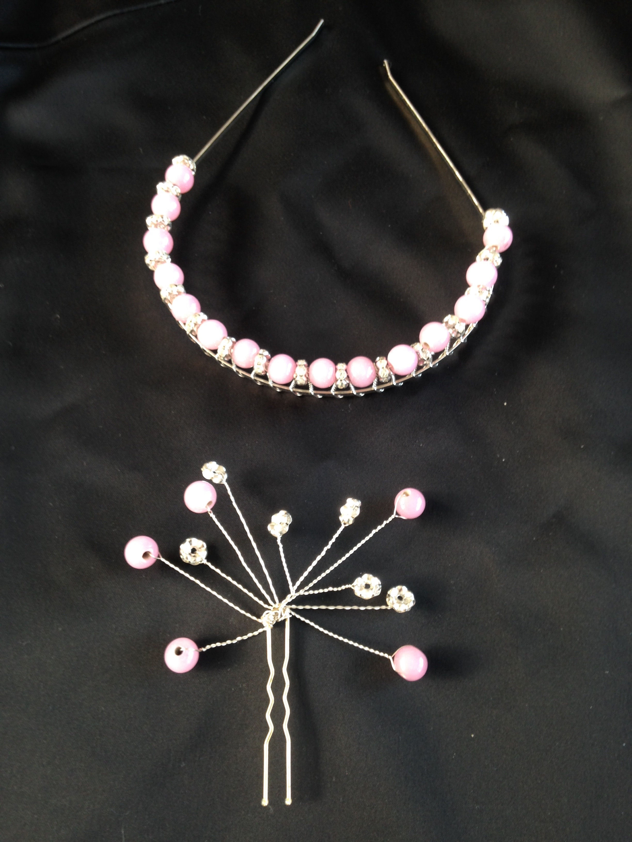 Pink bead and diamante spacer tiara and hair piece