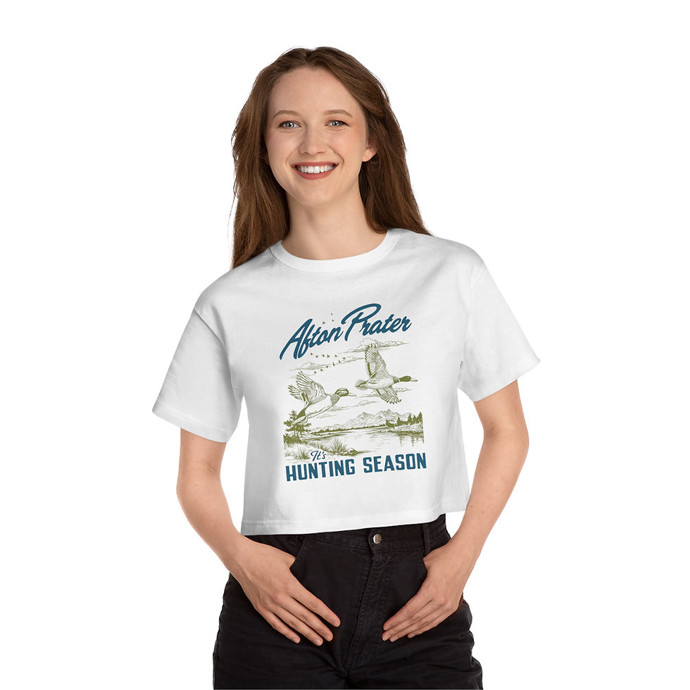 Thumbnail: "It's Hunting Season" With Logo Champion Heritage Cropped T-Shirt (Blue)