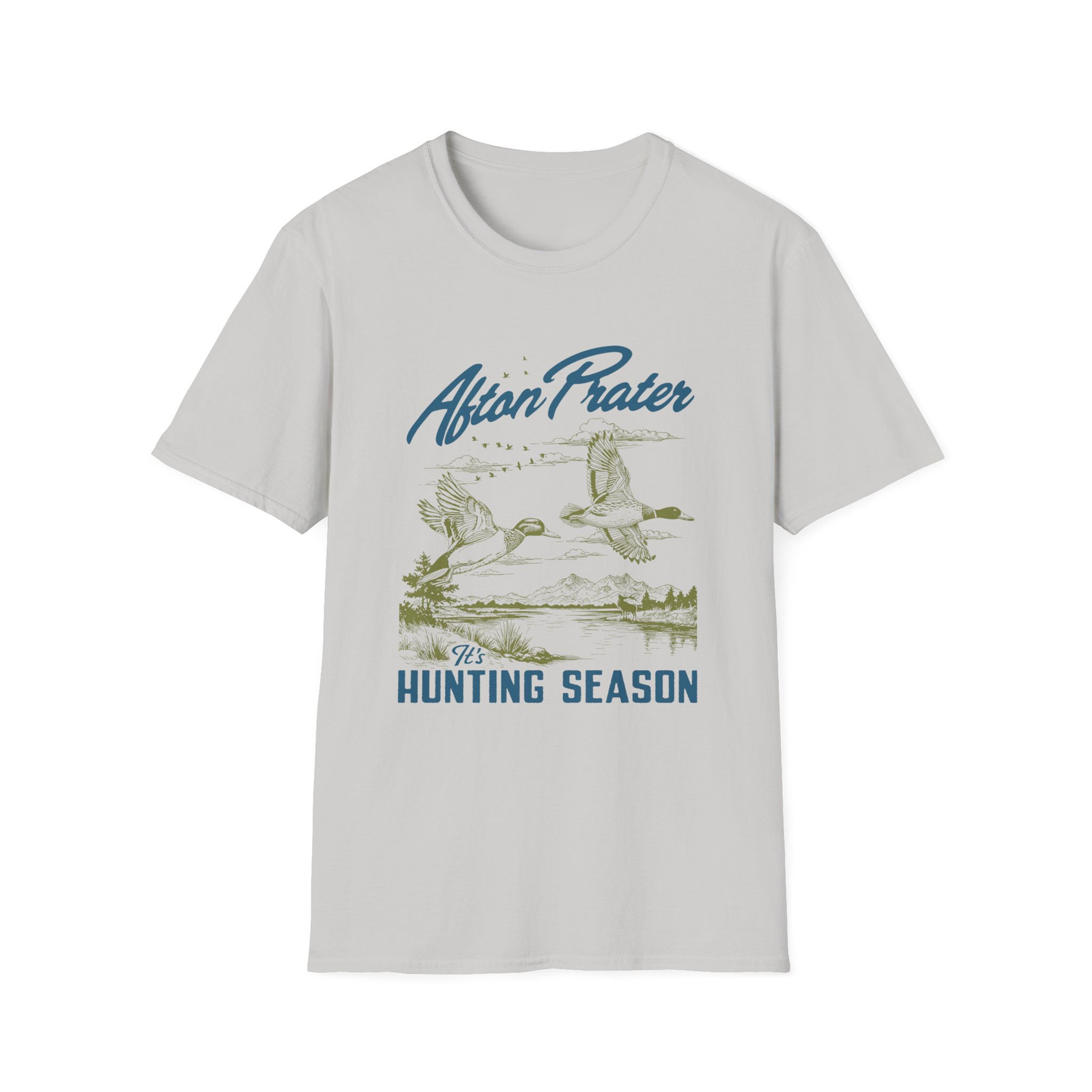 "It's Hunting Season" With Logo Unisex Softstyle T-Shirt (Blue)