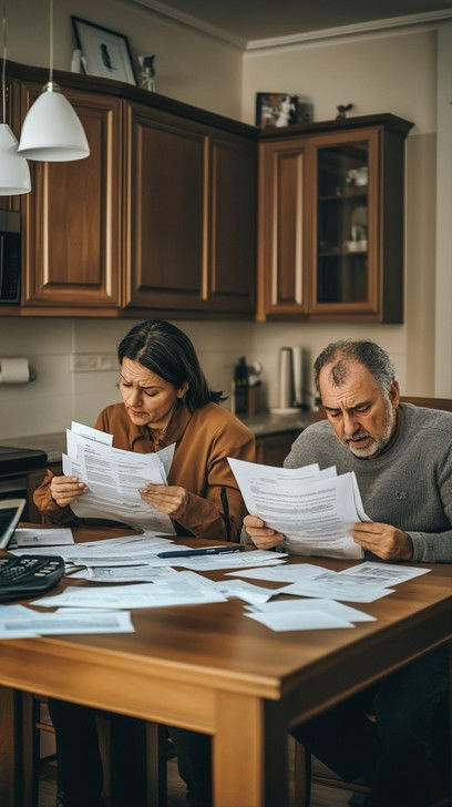 A mature couple sitting together reviewing important documents at a table, discussing care options carefully.