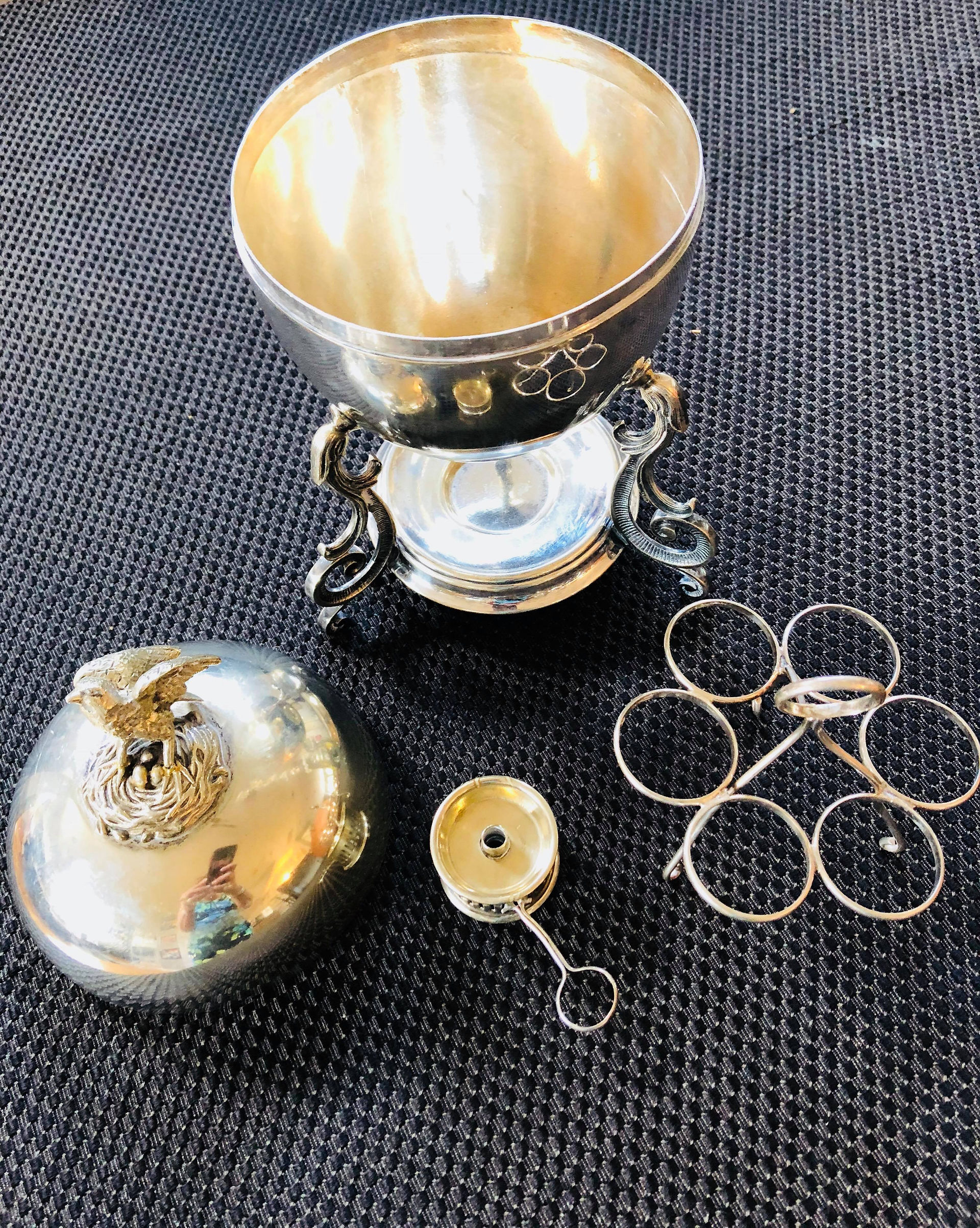 Turn of the century "Russian Egg Samovar" also known as an "English Egg Coddler" (2nd photo)
Silver plated.
Starting bid at $100