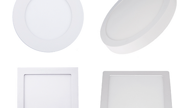 cuatro paneles led, redondos y cuadrados, aéreos y de embutir  sobre un fondo blanco