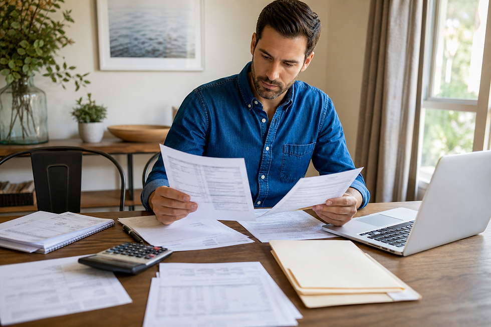 Homebuyer sorting bank statements, pay stubs, and mortgage paperwork at a table before house hunting.