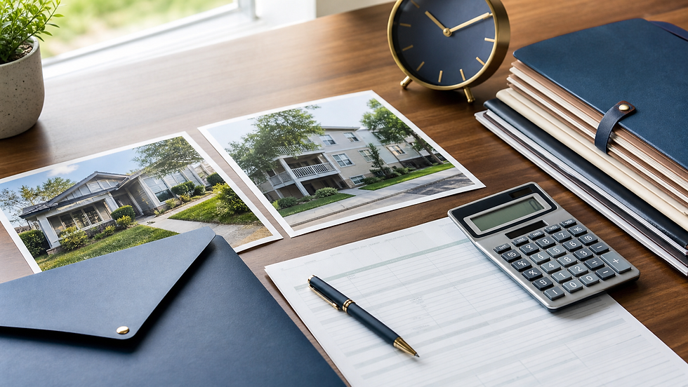 Investment property records, calculator, and clock arranged for pre-approval review