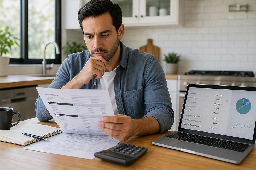Homebuyer reviewing a loan estimate and mortgage cost options at a kitchen table.
