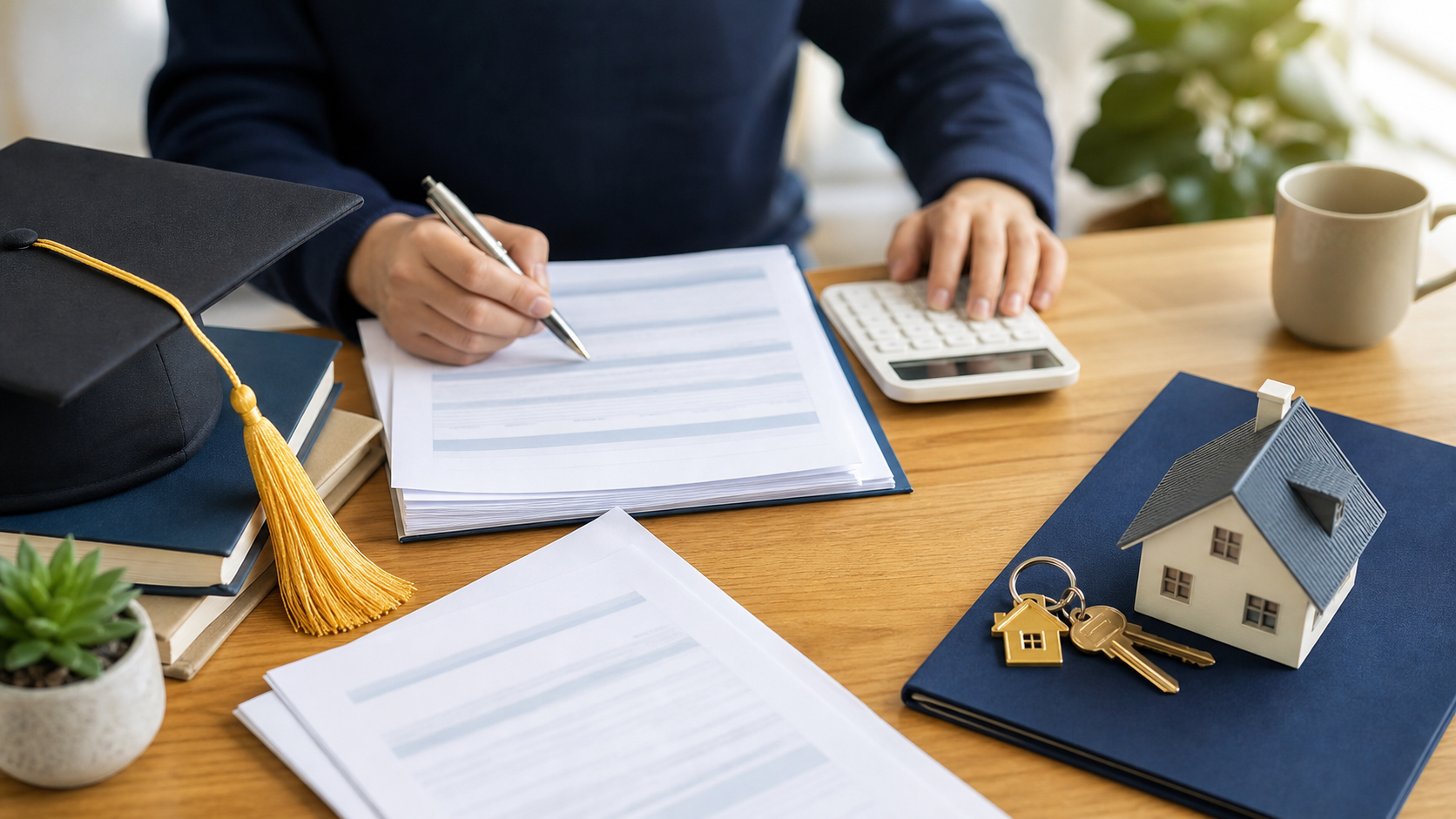 Borrower reviewing student loan records alongside a home purchase plan