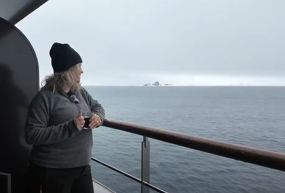 Jennifer Ormesher looks over her cruise ship balcony at the landscape of Antarctica.