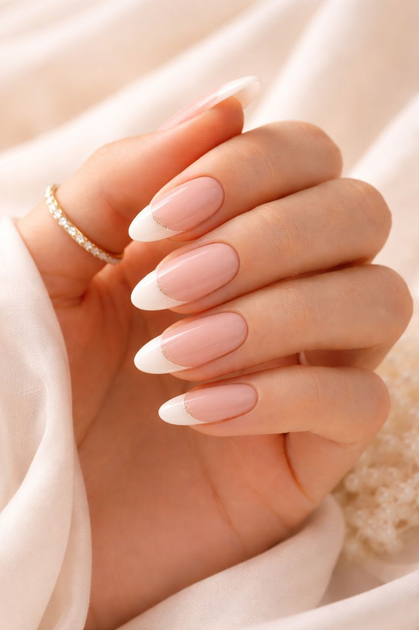 Elegant almond-shaped nails with a soft pink and white French manicure