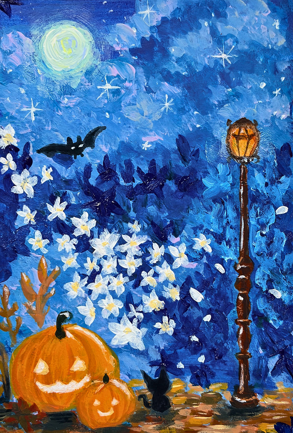 月灯りと小さな黒猫-ハロウィンアート