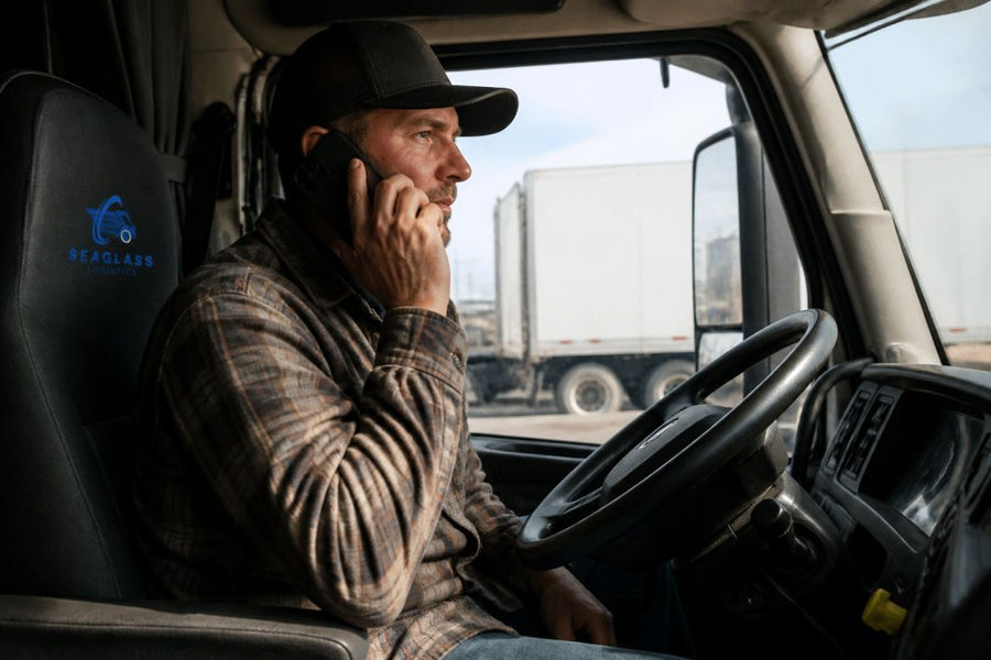Truck driver on a phone call in the cab of a semi-truck, communicating with dispatcher about load assignments and freight lanes