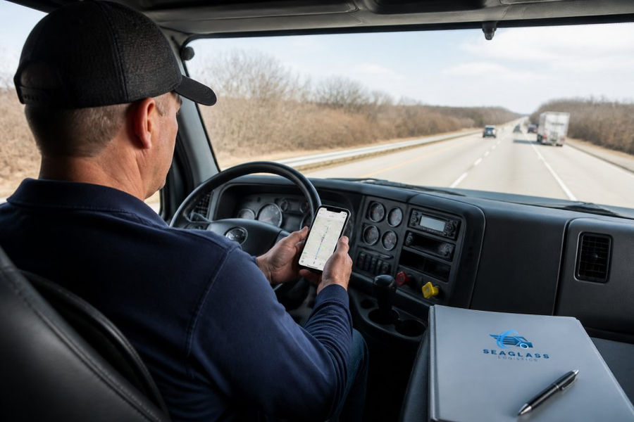 Owner-operator reviewing GPS routes on a smartphone to improve fleet operational efficiency from inside a truck cab