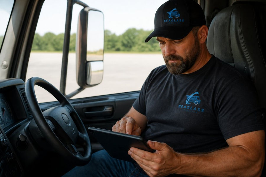 Owner-operator reviewing dispatcher credentials and compliance documentation on tablet while sitting in truck cab with load board visible on screen