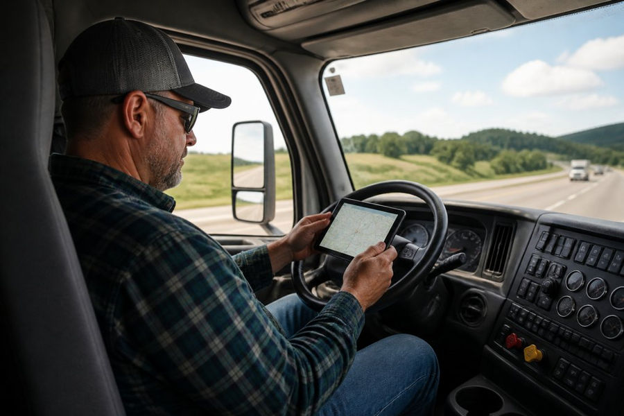 Owner-operator sitting in truck cab reviewing route on GPS device with highway visible through windshield, natural daylight streaming through side window
