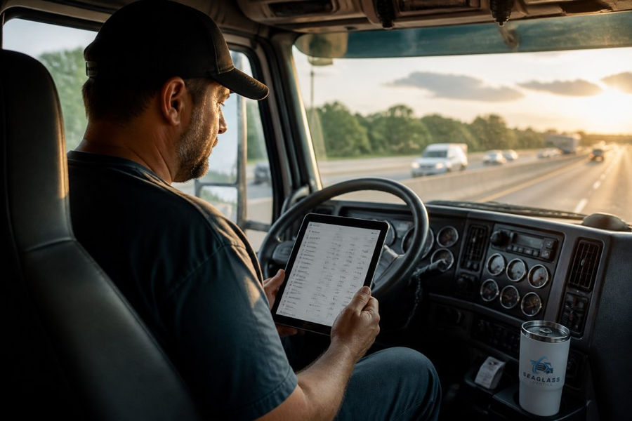 An owner-operator in a semi-truck cab reviewing a load on a tablet, with a highway visible through the windshield and late afternoon light streaming through the glass