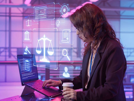 Advogada consultando seu laptop, com elementos em 3D ligados ao universo juridico.