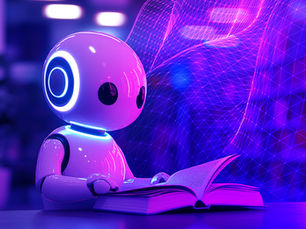 A robot reading a book in a school library.