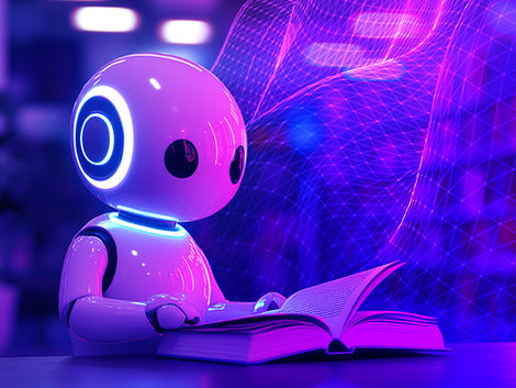 A robot reading a book in a school library.