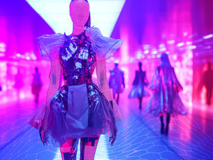 Passarela futurista de desfile de moda, em tons de azul e rosa.