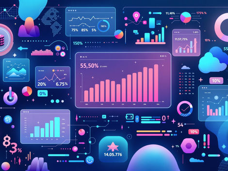 Illustration in shades of pink and blue showing a series of dashboards.