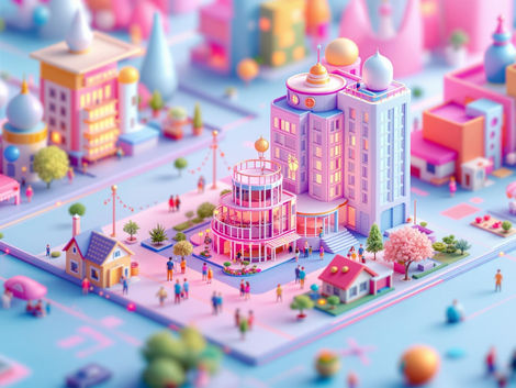 Image in shades of pink and blue showing a neighborhood with buildings and houses.