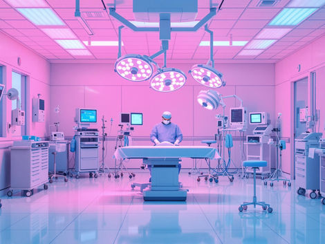 Ilustração mostrando uma ampla sala de cirurgia em tons de rosa e azul.